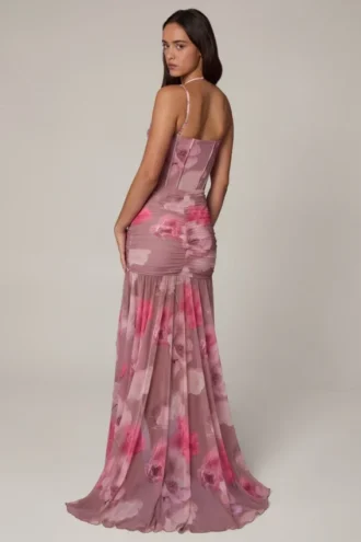 Haruna – Asymmetrisches Korsettkleid mit Rüschen in Blurred Floral
