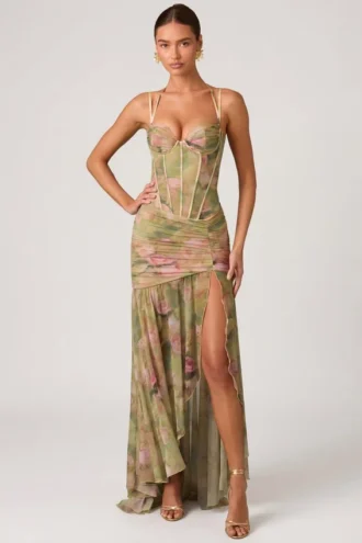 Haruna Asymmetrisches Korsettkleid mit Rüschen in floralem Multiprint