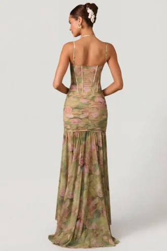 Haruna Asymmetrisches Korsettkleid mit Rüschen in floralem Multiprint