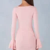 Helena – Geripptes Modal-Minikleid mit langen Ärmeln und Drapierung in Blush Pink