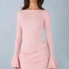 Helena – Geripptes Modal-Minikleid mit langen Ärmeln und Drapierung in Blush Pink