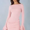 Helena – Geripptes Modal-Minikleid mit langen Ärmeln und Drapierung in Blush Pink