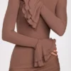 Helena – Geripptes Modal-Minikleid mit langen Ärmeln und Drapierung in Mokka