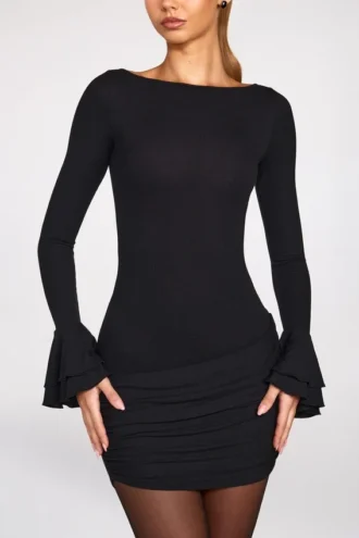Helena – Langärmliges, drapiertes Minikleid aus geripptem Modal in Schwarz