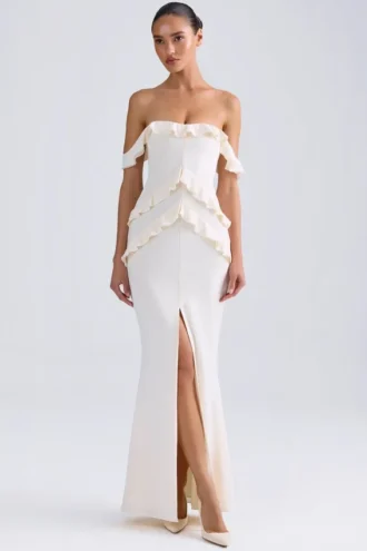 Hemera Off-Shoulder-Kleid mit Rüschenbesatz in Elfenbein
