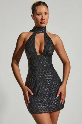 Henrietta Minikleid mit Halterneck und verziertem Schal-Detail in Schwarz