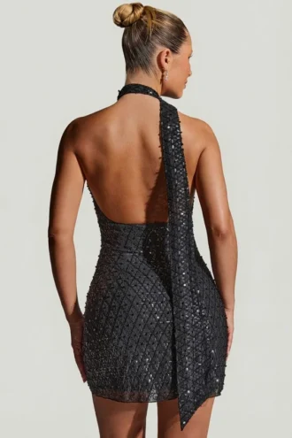 Henrietta Minikleid mit Halterneck und verziertem Schal-Detail in Schwarz