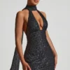 Henrietta Minikleid mit Halterneck und verziertem Schal-Detail in Schwarz