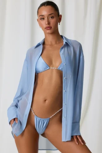 Hiva Oversize-Shirt mit Perlenverzierung in Himmelblau