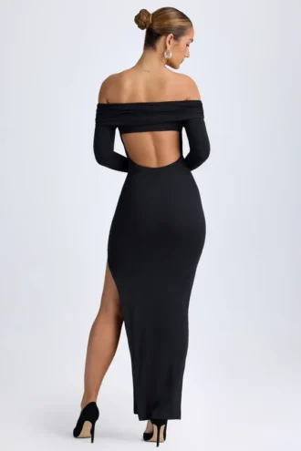 Honora Modal-Maxikleid mit schulterfreiem Ausschnitt und offenem Rücken in Schwarz