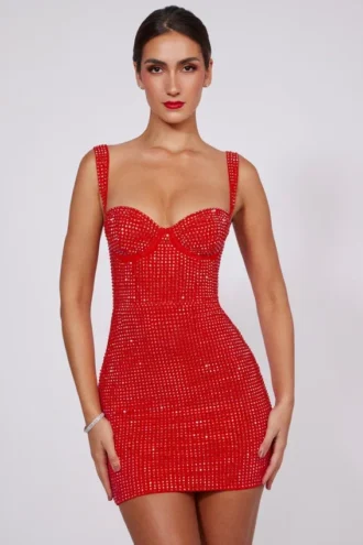 Ines Minikleid mit Herzausschnitt und Verzierungen in Feuerrot