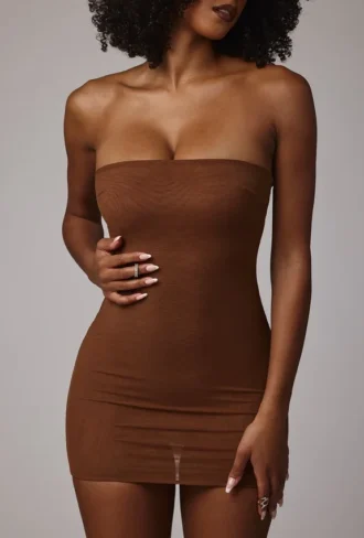 Intimates Soft Sheer-Mesh Bandeau Mini-Slipkleid in Mokka