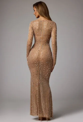 Isabeau transparentes, verziertes Abendkleid mit langen Ärmeln in Almond