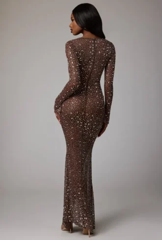 Isabeau Transparentes, verziertes Abendkleid mit langen Ärmeln in Deep Cocoa