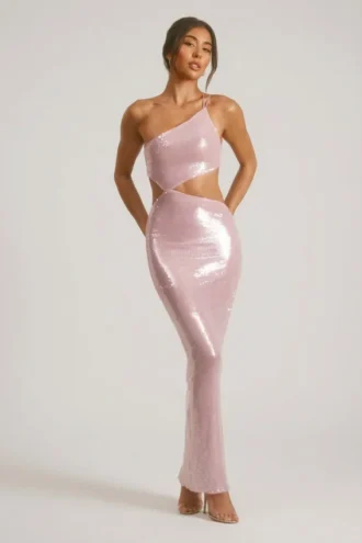 Isabel – Transparentes Maxikleid mit Pailletten, einem Schulterausschnitt und Cut-outs in Lila