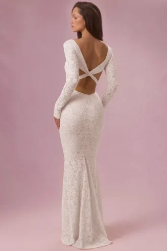 Isolde Lace Langarm-Maxikleid in Elfenbein