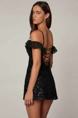 Jacira verziertes A-Linien-Minikleid mit Schnürung in Schwarz