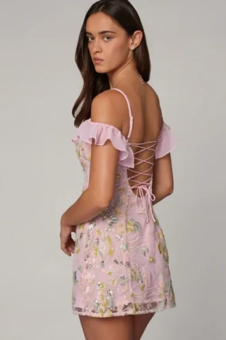 Jacira verziertes A-Linien-Minikleid mit Schnürung in zartem Rosa