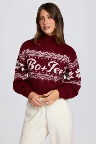Jacquard-Strick-Cropped-Pullover in Crimson Red