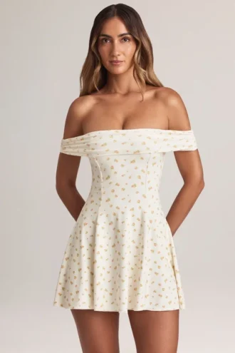 Jaida Modal-Minikleid mit schulterfreiem Ausschnitt und A-Linien-Schnitt in Blumenmuster