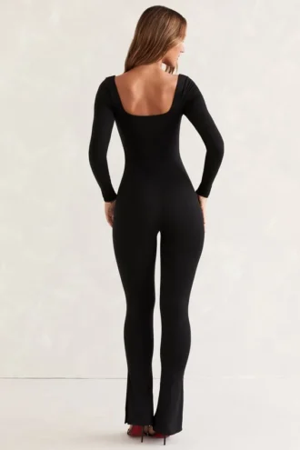 Jett Langarm-Jumpsuit mit quadratischem Ausschnitt in Schwarz