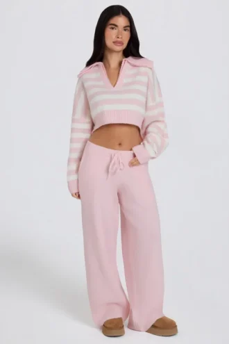 Jogginghose aus Strick mit mittlerer Leibhöhe und weitem Bein in zartem Rosa