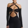 Kemina schulterfreies, gerafftes Minikleid mit Cut-outs in Schwarz