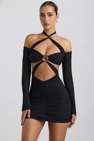 Kemina schulterfreies, gerafftes Minikleid mit Cut-outs in Schwarz
