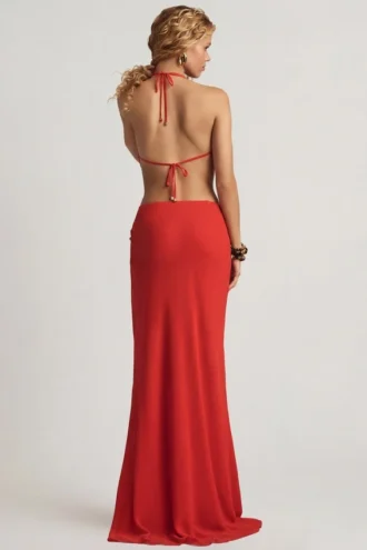 Keona Mid-Rise Split Maxi-Rock in Chilli Red