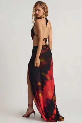 Keona Mid-Rise Split Maxi Rock in rotem Blurred-Print