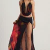 Keona Mid-Rise Split Maxi Rock in rotem Blurred-Print Keona Mid-Rise Split Maxi Rock in rotem Blurred-Print