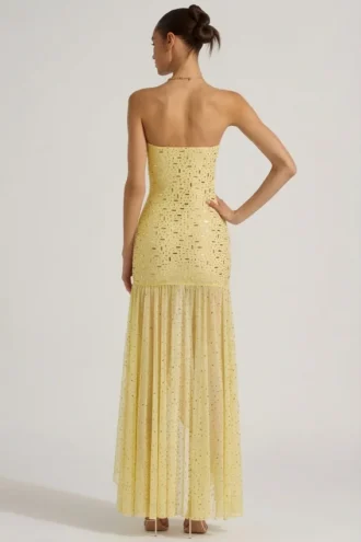 Kerra halbtransparentes, verziertes, asymmetrisches Maxikleid in Gelb