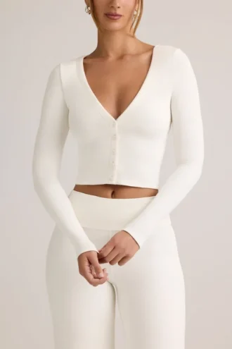Kiva Modal-Strickjacke mit Rippbündchen in Weiß