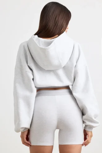 Kürzer Hoodie aus Stretch-Baumwollfleece in Grau meliert