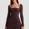 Ksenia Minikleid mit Nadelstreifen und strukturierter A-Linie in Schokoladenbraun Ksenia Minikleid mit Nadelstreifen und strukturierter A-Linie in Schokoladenbraun