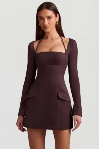 Ksenia Minikleid mit Nadelstreifen und strukturierter A-Linie in Schokoladenbraun