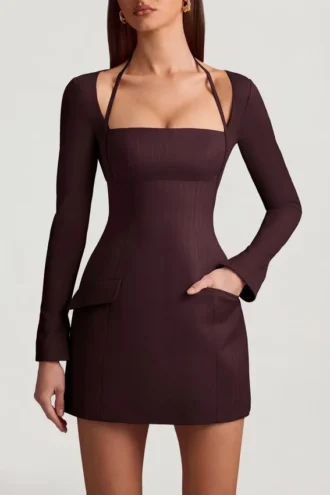 Ksenia Minikleid mit Nadelstreifen und strukturierter A-Linie in Schokoladenbraun