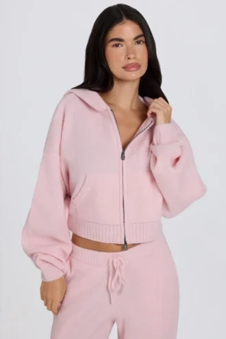 Kurzer Hoodie aus weichem Strick mit Reißverschluss in zartem Rosa