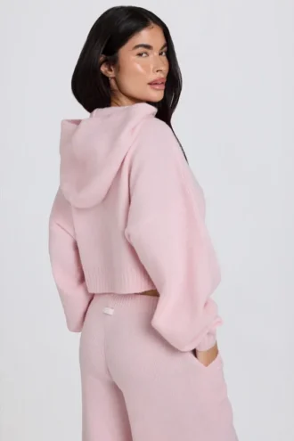 Kurzer Hoodie aus weichem Strick mit Reißverschluss in zartem Rosa