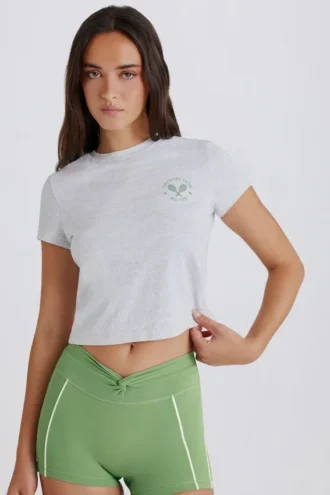Kurzes T-Shirt mit Grafikprint in Grau meliert