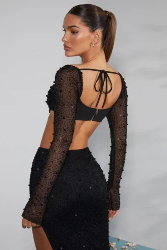 La Desirade Crop-Top mit verziertem Wasserfallausschnitt in Schwarz