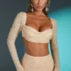 La Desirade Verziertes Crop-Top mit Wasserfallausschnitt in Sand