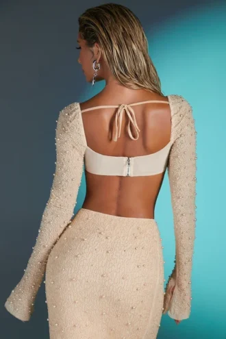 La Desirade Verziertes Crop-Top mit Wasserfallausschnitt in Sand