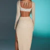La Desirade Verziertes Crop-Top mit Wasserfallausschnitt in Sand