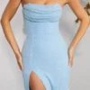 La Rochette Maxikleid mit verziertem Bandeau-Ausschnitt und Wasserfallkragen in Hellblau