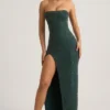 La Rochette Verziertes, trägerloses Maxikleid mit Wasserfallausschnitt in Smaragdgrün La Rochette Verziertes, trägerloses Maxikleid mit Wasserfallausschnitt in Smaragdgrün