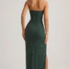 La Rochette Verziertes, trägerloses Maxikleid mit Wasserfallausschnitt in Smaragdgrün La Rochette Verziertes, trägerloses Maxikleid mit Wasserfallausschnitt in Smaragdgrün