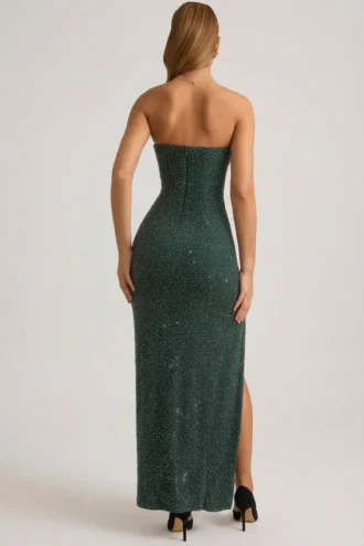 La Rochette Verziertes, trägerloses Maxikleid mit Wasserfallausschnitt in Smaragdgrün