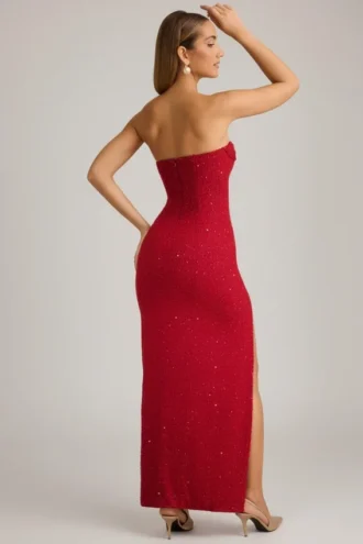 La Rochette Verziertes, trägerloses Maxikleid mit Wasserfallausschnitt in True Red