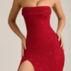 La Rochette Verziertes, trägerloses Maxikleid mit Wasserfallausschnitt in True Red La Rochette Verziertes, trägerloses Maxikleid mit Wasserfallausschnitt in True Red